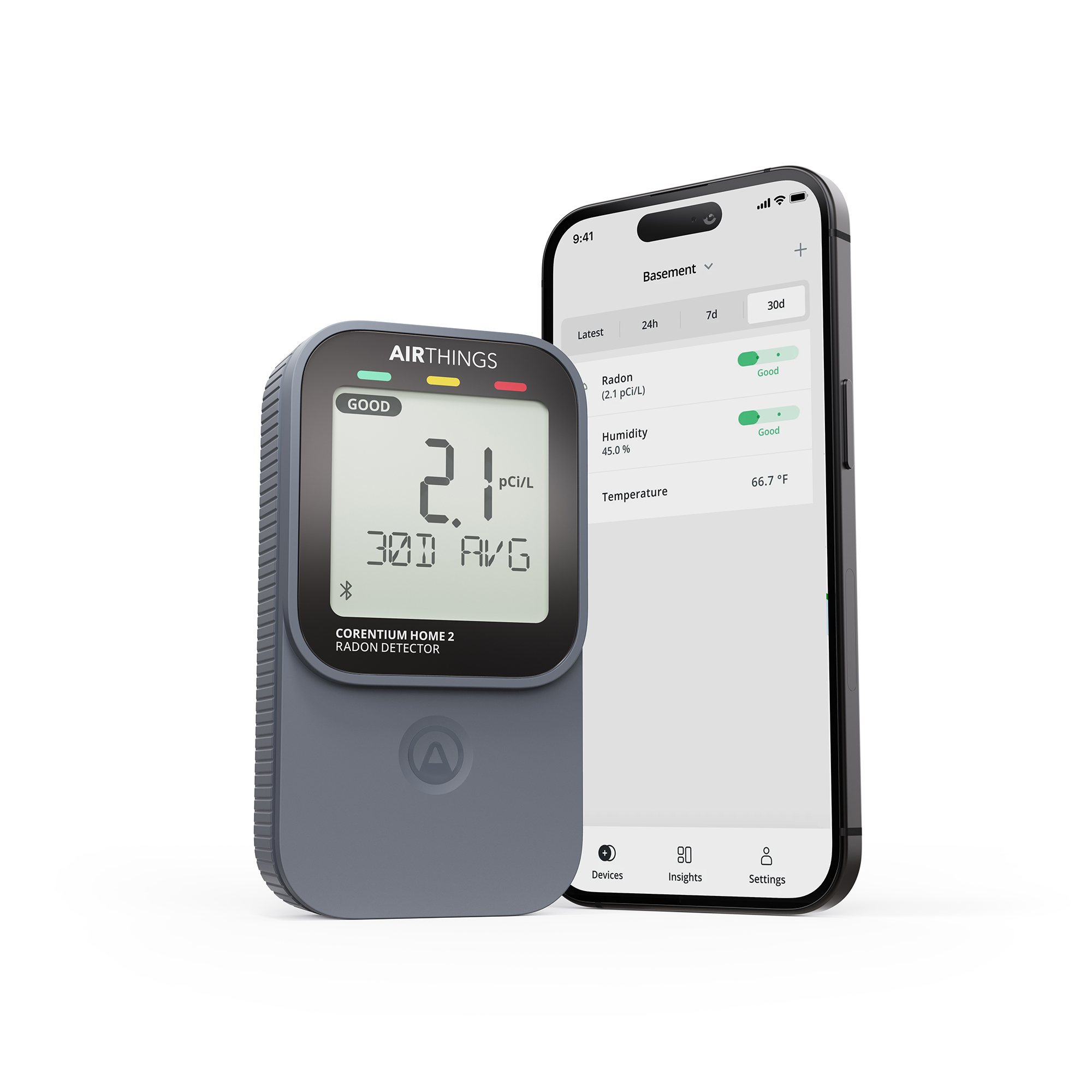 Corentium Home 2 with the Airthings app — radon, humidity, and temperature on one screen.